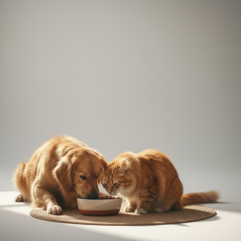 Cane e gatto con ciotola su sfondo neutro